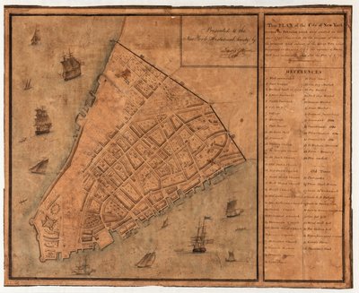 Plan der Stadt New York zur Darstellung des Fortschritts und Ausmaßes des Großen Feuers von 1745 von David Grim